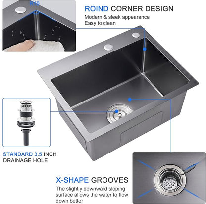22"x18" Drop-In Single Bowl Sink Black Stainless Steel Handmade | 22 inch Drop-in Kitchen Sink | SUS304 SS | Topmount | Single bowl | 9" Deep Basin | Bar/prep area