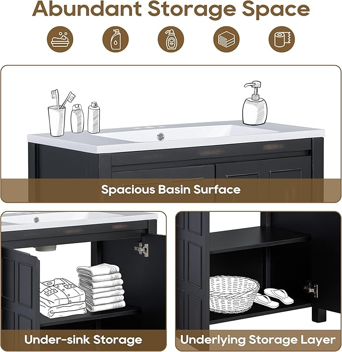 LUMISOL 36" Bathroom Vanity with Sink, Modern Bathroom Vanity with 2 Doors, Adjustable Shelf, Freestanding Bathroom Storage Cabinet with Ceramic Sink, Espresso