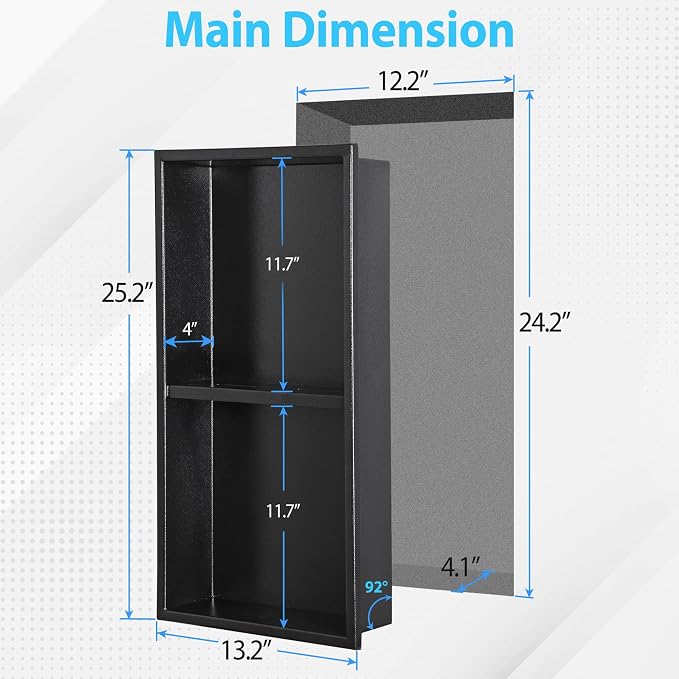 304 Stainless Steel Shower Niche 12” x 24” for Bathroom Storage | Matte Black Recessed Shower Niche No Tile Needed with 2-Tier Shelves for Bathroom Space Saving