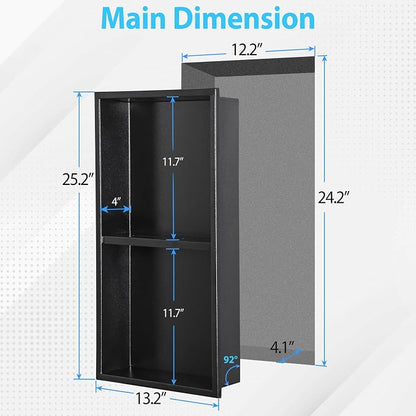 304 Stainless Steel Shower Niche 12” x 24” for Bathroom Storage | Matte Black Recessed Shower Niche No Tile Needed with 2-Tier Shelves for Bathroom Space Saving