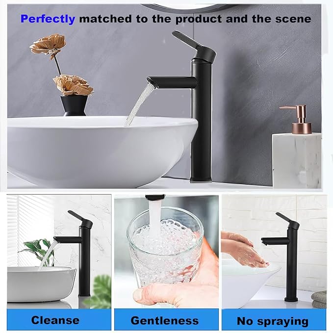 Bathroom Cold & Hot Stainless Steel Faucet, Ceramic Valve Cylinder; Silent Anti-Drip, Single Handle, Water Saving, Washbasin Sink, for Bathroom & Basin, Small Kitchen Faucet (Black-h)