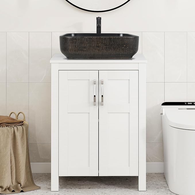 YOURLITE 24" Bathroom Vanity with Sink, White Bathroom Vanity and Sink Combo with Faucet & Pop Up Drain Set,Traditional Vanity with with Black & Gold Ceramic Sink