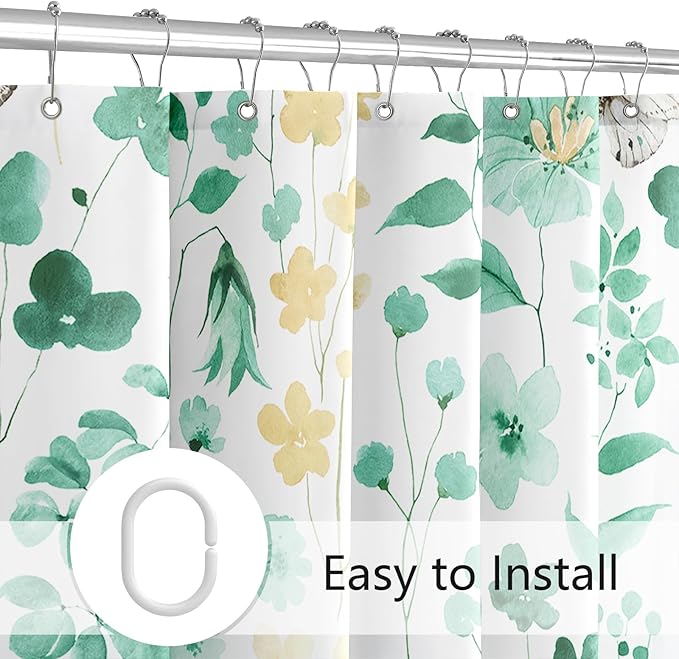 Mint Green Floral Shower Curtain, Cute Flower Fabric Shower Curtains for Bathroom, Watercolor Wildflower Butterfly Cloth Shower Curtain Set with Hooks, 72x72