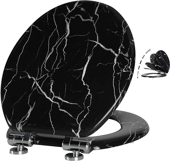 Angel Shield Marble Toilet Seat Durable Molded Wood with Quiet Close,Easy Clean，Quick-Release Hinges (Round,Black Marble)