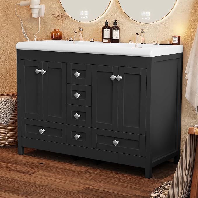 48" Bathroom Vanity with Sink, Large Space Bathroom Double Sink with 2 Door & 6 Drawer, Vanity Sinks for Bathrooms, Black, 47.3" × 19.7" × 35.5"