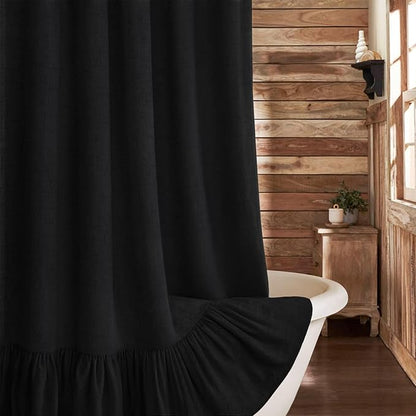 Farmhouse Shower Curtain Ruffle Linen Flax Black 72" W x 96" L | Linen Fabric, Farmhouse Boho, Bottom Ruffle, Rustic, Country, Natural Look, Washable, Shower Curtain for Bathroom Bathtub