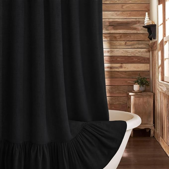 Farmhouse Shower Curtain Ruffle Linen Flax Black 72" W x 78" L | Linen Fabric, Farmhouse Boho, Bottom Ruffle, Rustic, Country, Natural Look, Washable, Shower Curtain for Bathroom Bathtub