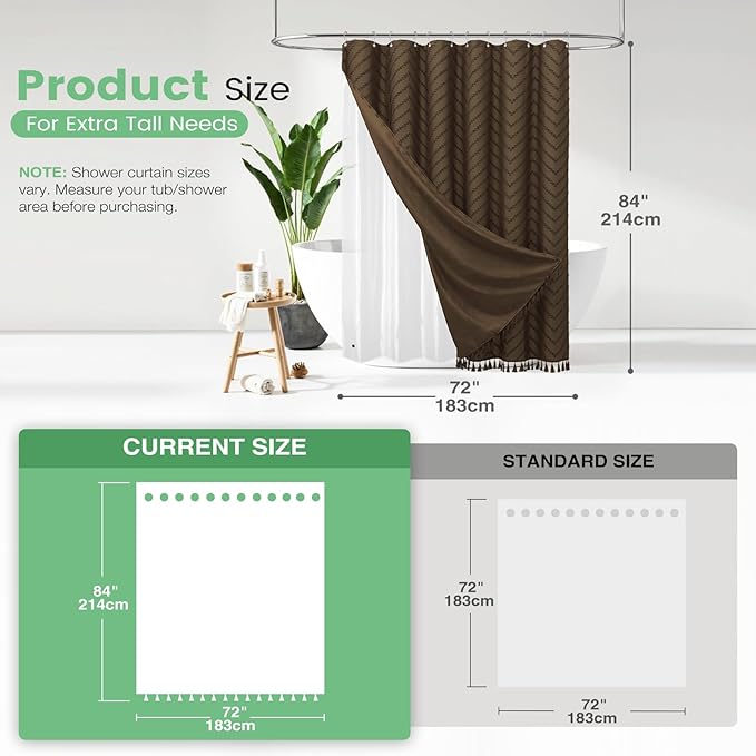Dynamene Extra Long Shower Curtain and Liner Set - 84 inch Tall Boho Shower Curtain and Waterproof Clear Liner, Tufted Chevron Striped Tassel Shower Curtains for Bathroom, 12 Hooks, 72x84, Brown