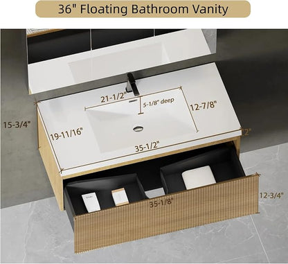 36'' Floating Bathroom Vanity with Sink, Wall-Mounted Bathroom Storage Cabinet with Soft-Close Striped Drawer & Solid Surface Basin, Modern Natural Oak Body with Internal Handle, Wood