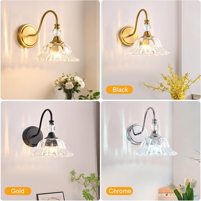 Brushed Gold Bathroom Vanity Light Single-Head Wall Sconce with Floral Crystal Glass Shade Vintage Bathroom Light Fixtures for Bedroom,Hallway & Bedside(Exclude E26 Bulb)
