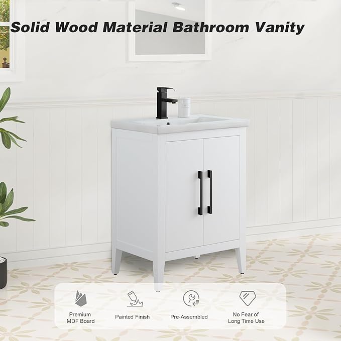 HomeBeyond 24 Inch Bathroom Vanity with Sink & Ceramic Top, Single Vanity Cabinet with Basin, Soft-Closing Doors & Matte Black Hardware, White