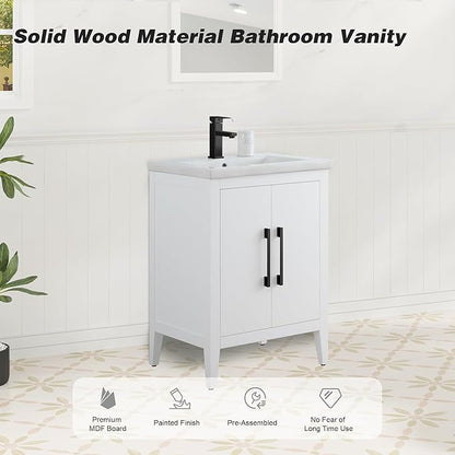 HomeBeyond 24 Inch Bathroom Vanity with Sink & Ceramic Top, Single Vanity Cabinet with Basin, Soft-Closing Doors & Matte Black Hardware, White