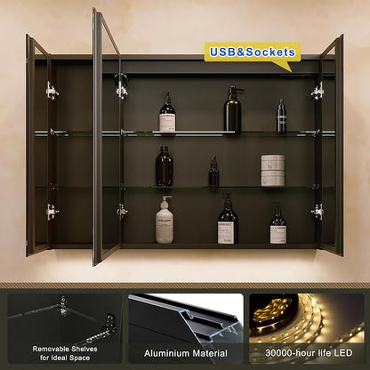 40*28 inch Three-door Aluminum LED Lighted Bathroom Medicine Mirror Cabinet | Light Adjustable, Sockets & USBs inside, Anti-Fog, Easy to Install