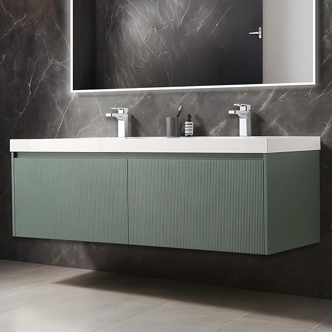 Blossom 60 Inch Double Sink Bathroom Vanity, All Wood Wall Mounted Floating Bathroom Vanity Cabinet with Acrylic Sink, Bathroom Sink Cabinet with Soft-Close Drawers, Modern Vanities, Aventurine Green