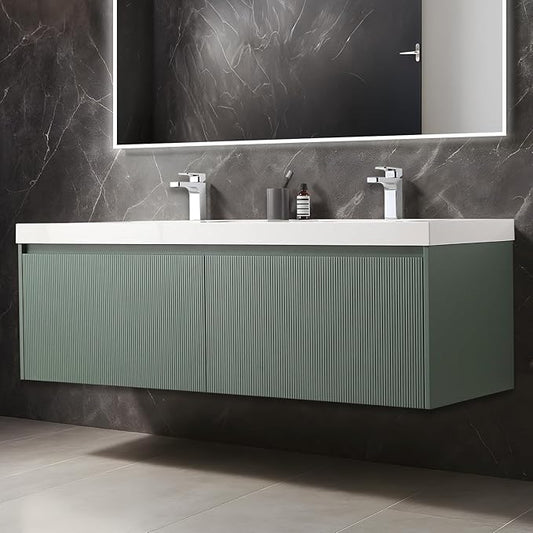 Blossom 60 Inch Double Sink Bathroom Vanity, All Wood Wall Mounted Floating Bathroom Vanity Cabinet with Acrylic Sink, Bathroom Sink Cabinet with Soft-Close Drawers, Modern Vanities, Aventurine Green