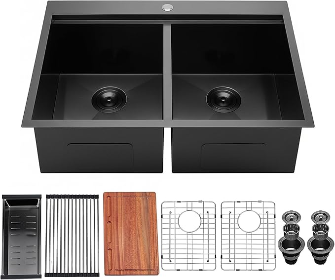 Comllen 33''× 22''× 10'' Kitchen Sink 16-gauge 304 stainless Gunmetal Black, Stainless Steel Drop in Double Basin Kitchen Sinks with Accessories
