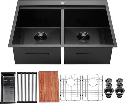 Comllen 33''× 22''× 10'' Kitchen Sink 16-gauge 304 stainless Gunmetal Black, Stainless Steel Drop in Double Basin Kitchen Sinks with Accessories