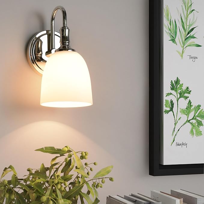 Vintage Traditional 1-Light Indoor Wall Sconce with Frosted Glass Bathroom Bedroom Hallway, 10.6" H x 5.3" W, Polished Nickel