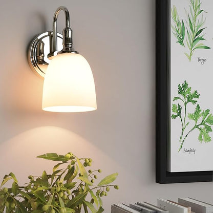 Vintage Traditional 1-Light Indoor Wall Sconce with Frosted Glass Bathroom Bedroom Hallway, 10.6" H x 5.3" W, Polished Nickel