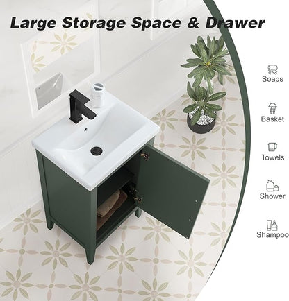 HomeBeyond 20 Inch Bathroom Vanity with Sink & Ceramic Top, Single Vanity Cabinet with Basin, Soft-Closing Doors & Matte Black Hardware, Vintage Green