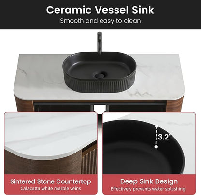 48" Floating Bathroom Vanity with Black Sink & Towel Rack, Walnut | Pre-Assembled Fluted Wall Mounted Vanity with Ceramic Vessel Sink, Rounded Edges, Soft-Close Drawer