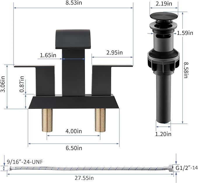 Black Waterfall Bathroom Faucet - 4Inch 2 or 3 Holes Centerset Faucet Bathroom | Two Handles Widespread Lavatory Vanity Sink Faucets with Overflow Pop-up Drain & Supply Lines Matte Black