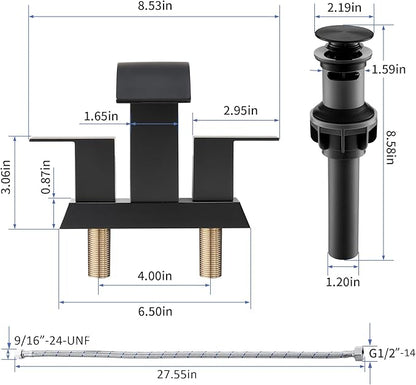 Black Waterfall Bathroom Faucet - 4Inch 2 or 3 Holes Centerset Faucet Bathroom | Two Handles Widespread Lavatory Vanity Sink Faucets with Overflow Pop-up Drain & Supply Lines Matte Black