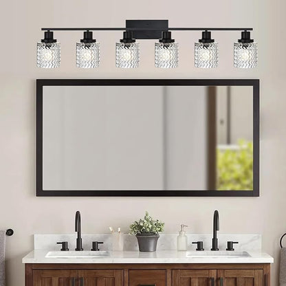 MELUCEE 6 Lights Bathroom Lighting Fixtures Over Mirror Black | Vanity Light with Hammered Glass Shade Indoor Wall Mounted Lamp for Bathroom Bedroom Kitchen