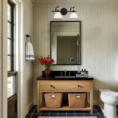 Bathroom Lighting Fixtures Over Mirror, 2-Light Matte Black Vanity Light with Frosted Glass, Anti-Rust Metal Framed Bathroom Wall Lamp Sconces for Mirror Bedroom, Living Room Hallway
