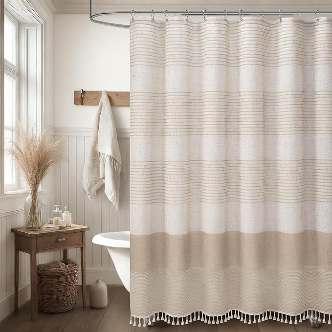 Beige Boho Linen Striped Shower Curtain with Tassel 72" W X 72" L | Boho Farmhouse Shower Curtains with Linen Texture for Bathroom Decor