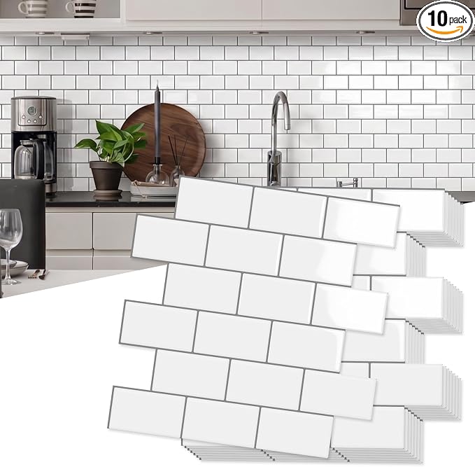 10-Sheet Thick Peel and Stick Kitchen Backsplash Tiles | 3D Subway Waterproof Self-Adhesive Wall Tile Stick on Backsplash for Kitchen and Bathroom(White Gray Grout,12"×12")