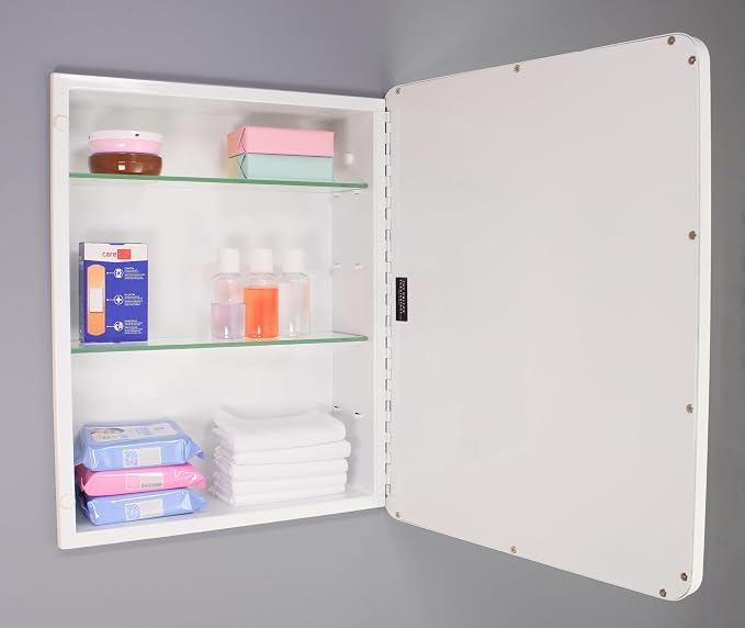 16x20 Austin Farmhouse Metal Framed Rounded Rectangle Recessed Bathroom Medicine Cabinet, Beveled Mirror, 14x18 in-Wall Opening, powder-coated Steel, Adjustable Glass Shelves, Magnet Close, White