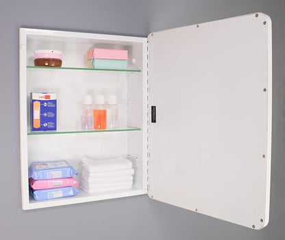 16x20 Austin Farmhouse Metal Framed Rounded Rectangle Recessed Bathroom Medicine Cabinet, Beveled Mirror, 14x18 in-Wall Opening, powder-coated Steel, Adjustable Glass Shelves, Magnet Close, White