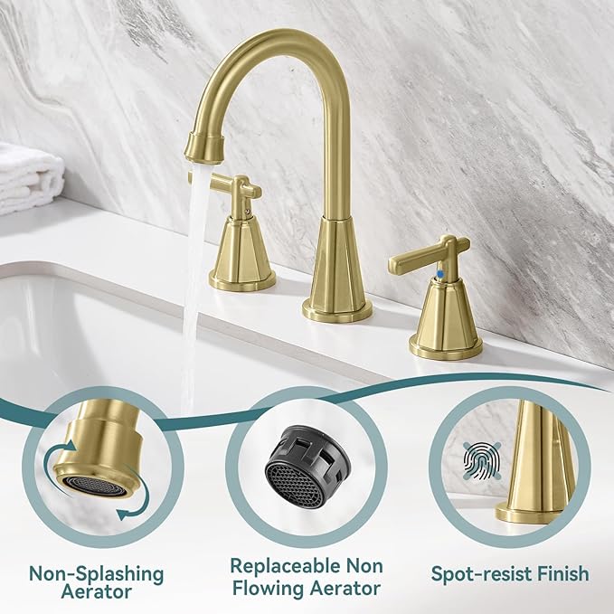 Damomo Bathroom Sink Faucet, Brushed Gold 8 Inch Widespread Bathroom Faucet for Sink 3 Hole, 2 Handle Faucet with Pop Up Drain and 2 Supply Hoses for RV Vanity
