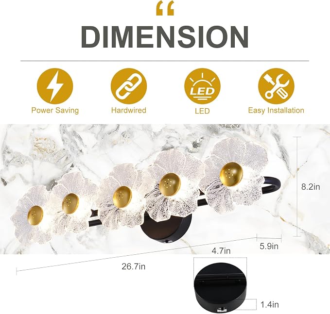 27" Bathroom Light Fixtures,Vanity Lights,Bathroom Vanity Light | 5 light,3CCT,Black Gold,LED,Daisy,Wall Sconces,Girly,Floral,Elegant,Fancy,for Restroom,Living Room,Bedroom,Mirror