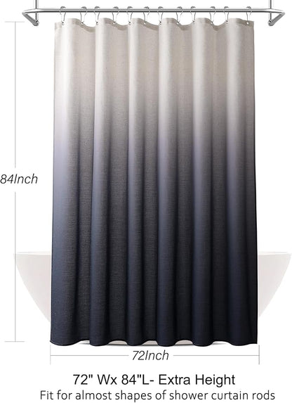 Ombre Navy Blue Linen Shower Curtain, Rustic Boho Farmhouse Style Bath Curtains for Bathroom, Cotton Blend Water Resistant Fabric Shower Curtain with Stainless Steel Hooks, 72 x 84 Inch