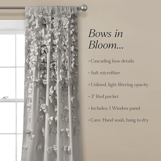 Lush Decor Riley Light Filtering Window Curtain Panel, Single 54" W x 84" L, Light Gray - Cute Gray Curtains for Bedroom - Bow Decor - Coquette Curtains for Windows