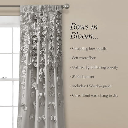 Lush Decor Riley Light Filtering Window Curtain Panel, Single 54" W x 84" L, Light Gray - Cute Gray Curtains for Bedroom - Bow Decor - Coquette Curtains for Windows