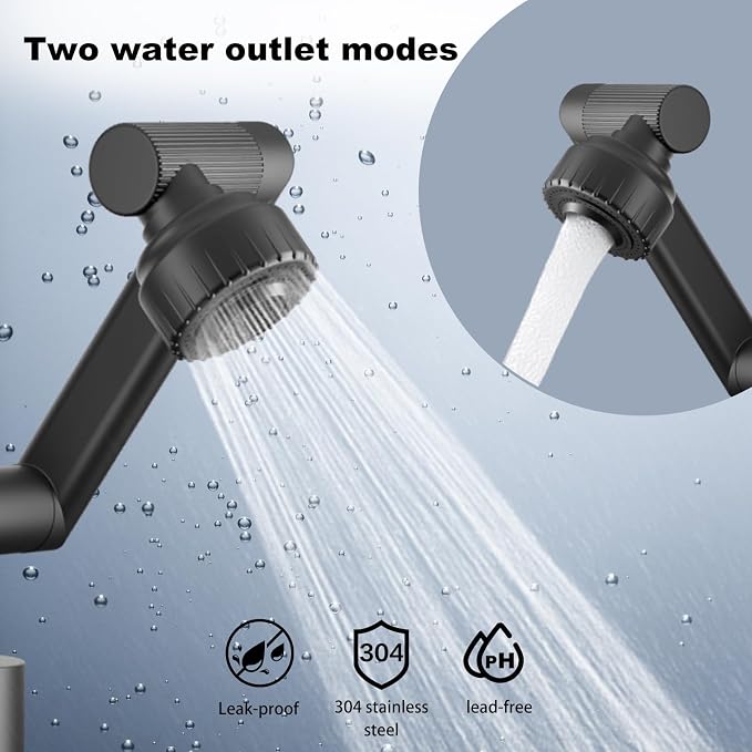 1080° Rotatable Bathroom Faucet, Black,SUS304, Dual Spray Modes | Stainless Steel Vanity Sink Faucet, Height Adjustable, Single & 3-Hole Mount, Universal 1080° Swivel, Grifo de baño giratorio