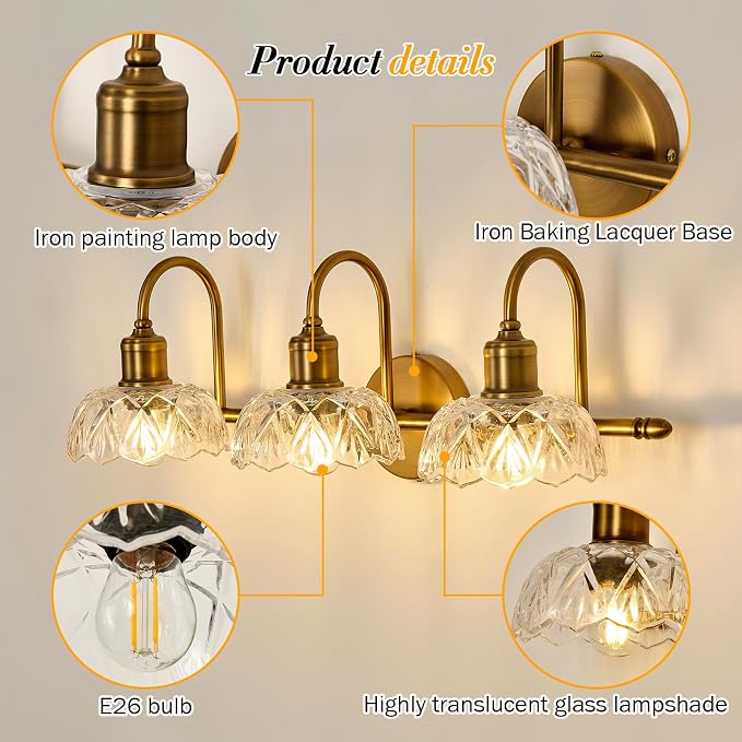 UOFUS Gold Vintage Vanity Light 3 Lights Bathroom Lighting Fixtures Over Mirror with Clear Glass Shade