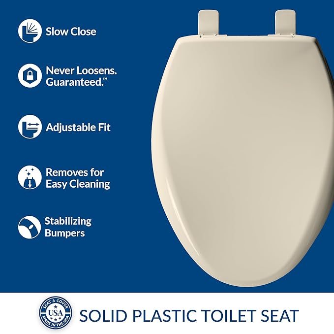 Bemis Aurora Slow Close Toilet Seat, Easy Clean Hinges and Adjustable Perfect Fit Plastic Seat, Made in USA, Elongated, Almond