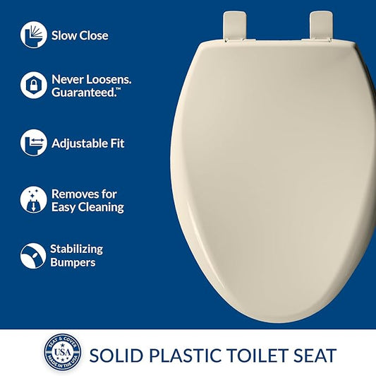 Bemis Aurora Slow Close Toilet Seat, Easy Clean Hinges and Adjustable Perfect Fit Plastic Seat, Made in USA, Elongated, Almond