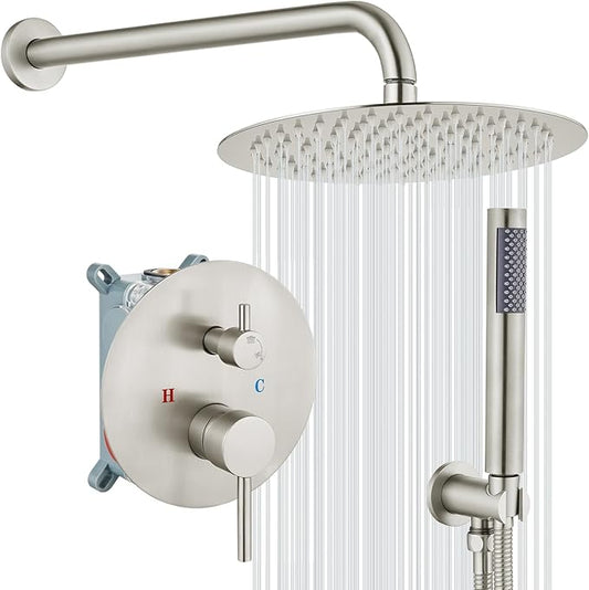 gotonovo Shower System 10 Inch Round Rainfall Showerhead Wall Mounted High Pressure Shower Faucet Set Fixture Combo with Rough in Valve and Cylindrical Handheld Spray, Brushed Nickel