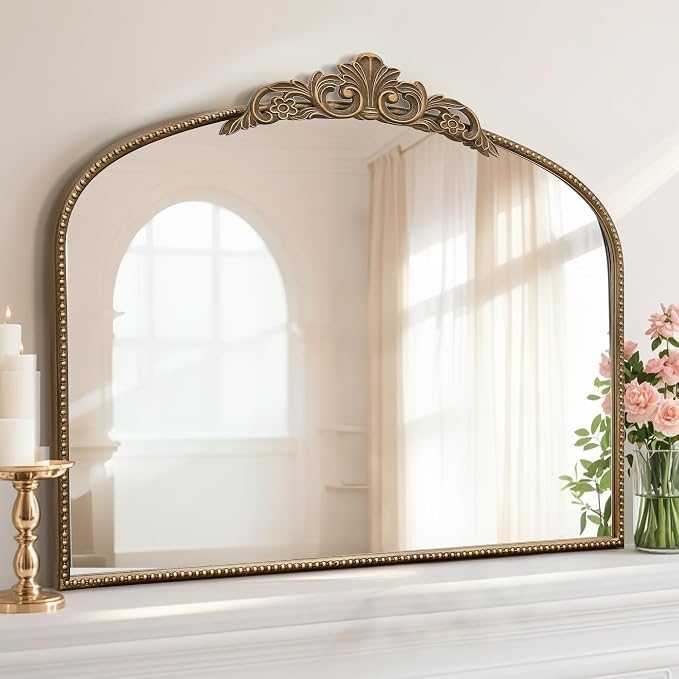 Micasso Vintage Gold Wall Mirror: 40"x29" Baroque Antique Arched Mirror | Traditional Ornate French Decorative Mirror for Bedroom/Bathroom/Fireplace/Entryway/Hallway/Dresser/Vanity/Mantel/Nightstand