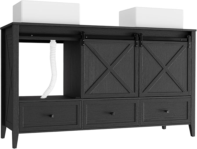 VNN Bathroom Vanity with Sink - 60 Inch Bathroom Vanity Double Sink Ceramic, Freestanding Cabinet with 2 Farmhouse Sliding Barn Doors and 5 Drawers, Space-Saving Storage Cabinet, Black Wood Grain