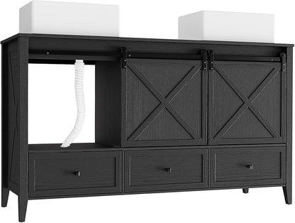 VNN Bathroom Vanity with Sink - 60 Inch Bathroom Vanity Double Sink Ceramic, Freestanding Cabinet with 2 Farmhouse Sliding Barn Doors and 5 Drawers, Space-Saving Storage Cabinet, Black Wood Grain
