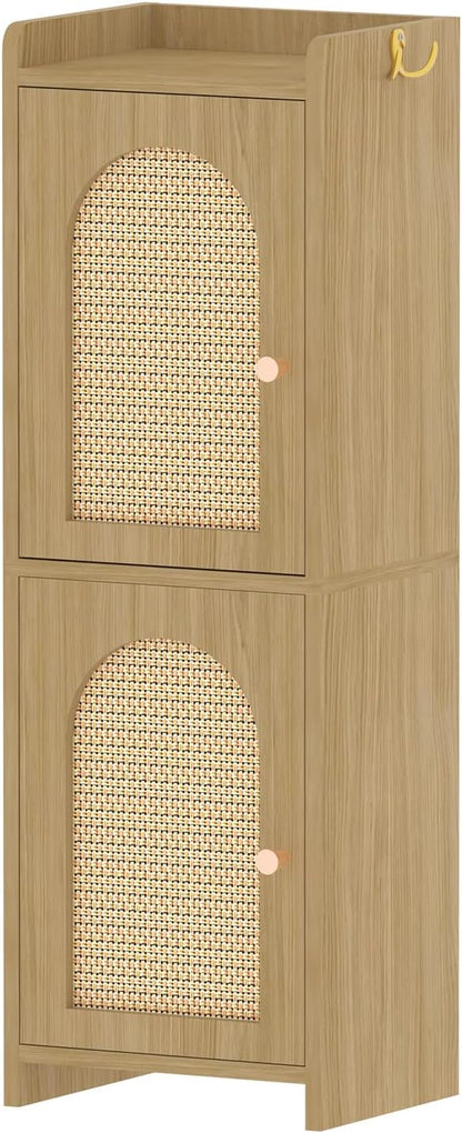 Rattan Bathroom Storage Cabinet,Corner Floor Cabinet with 2 Doors and Adjustable Shelf, Narrow Toilet Paper Cabinets with 2Hooks,Toilet Organizer for Small Spaces,7.87"D*9.84"W*29.72"H Oak