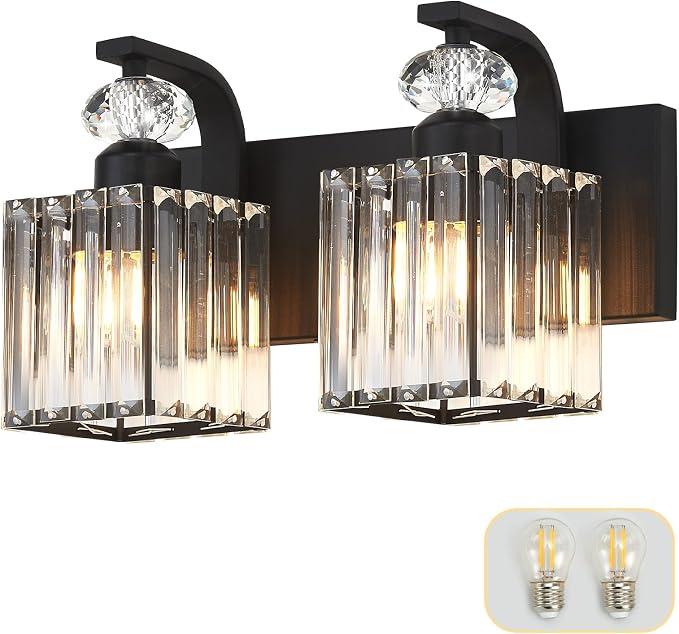Modern Bathroom Vanity Light, 2-Light Black Bathroom Lighting Fixtures Over Mirror, 12.6" Crystal Wall Light Sconce for Bathroom/Bedroom/Vanity, Includes LED Bulbs, Easy Installation