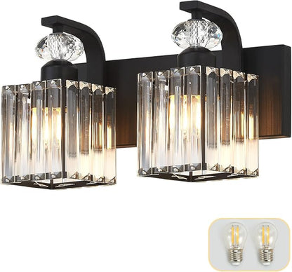 Modern Bathroom Vanity Light, 2-Light Black Bathroom Lighting Fixtures Over Mirror, 12.6" Crystal Wall Light Sconce for Bathroom/Bedroom/Vanity, Includes LED Bulbs, Easy Installation