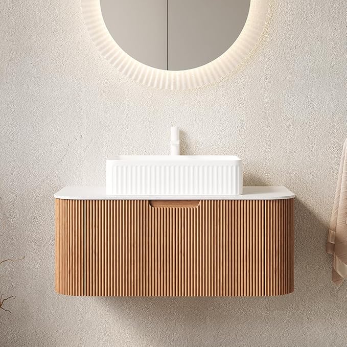 36'' Bathroom Vanities Cabinet with Sink, Wall Mounted Floating Cabinet W/Curved Edges Stripes, Oak Plywood, Soft-close System with a Drawer, White Rectangular Ceramic Basin - Kiel, Natural Wood/W
